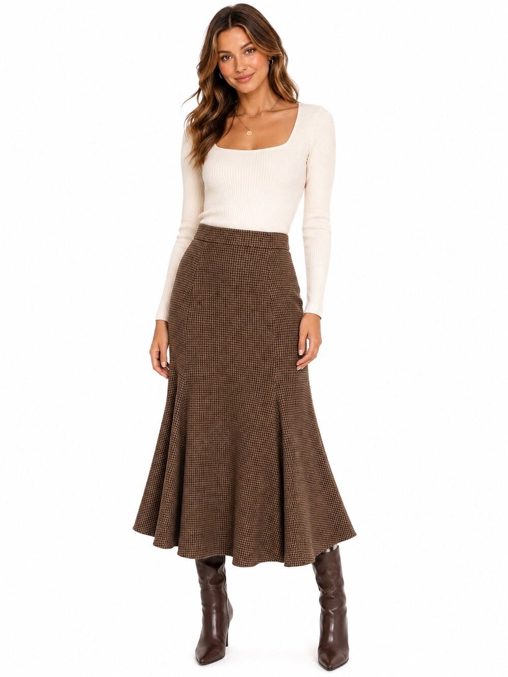 Vintage ‘90s Lauren by Ralph Lauren 100% Wool Brown Houndstooth Midi Skirt